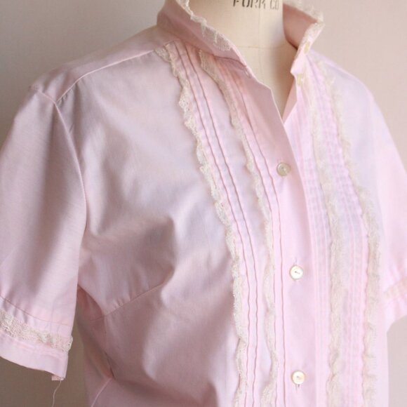 Vintage 1960s Blouse, Pink Cotton Tuxedo Front with Ruffled Lace Trim and Nehru - Picture 4 of 10